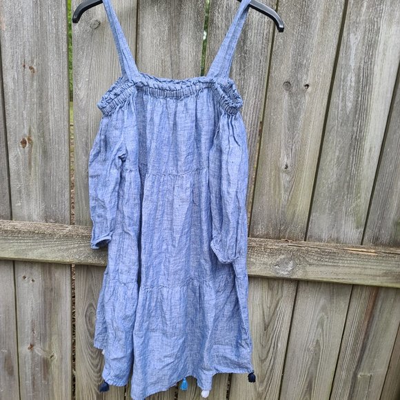 Vineyard Vines size S Linen Mini Tunic Dress Cold strap Shoulder Chambray Shift - Picture 2 of 7